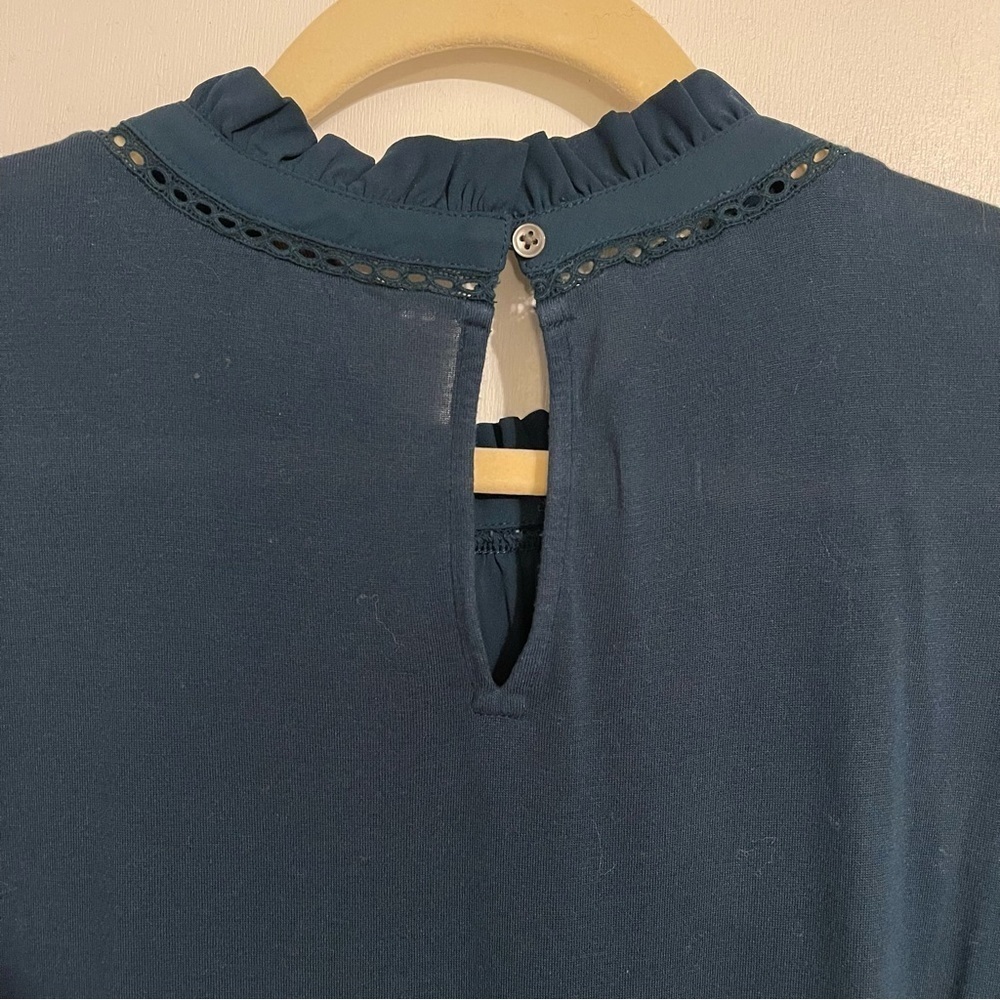 Loft | Mixed Media Ruffle Mock Neck Blouse | L - Picture 6 of 7